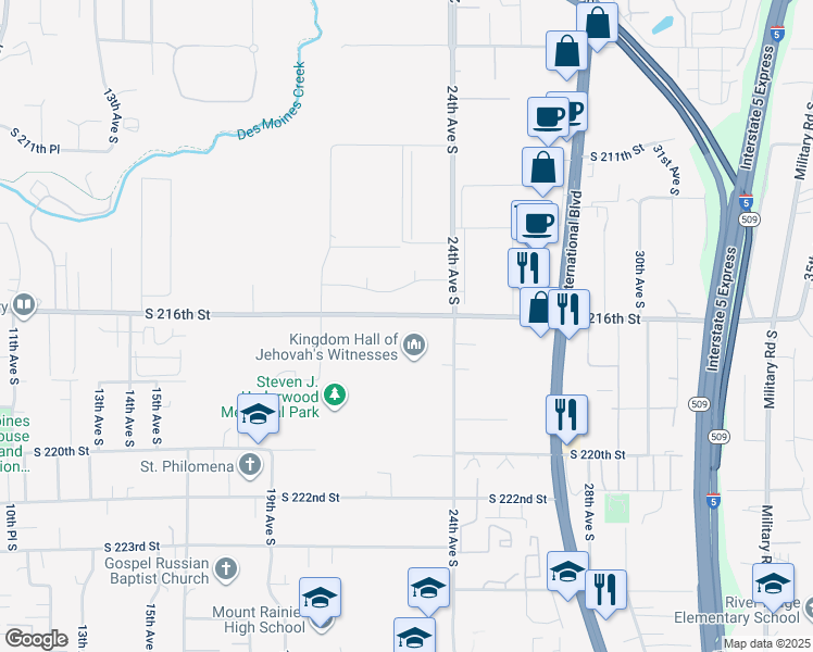 map of restaurants, bars, coffee shops, grocery stores, and more near 21645 24th Avenue South in Des Moines