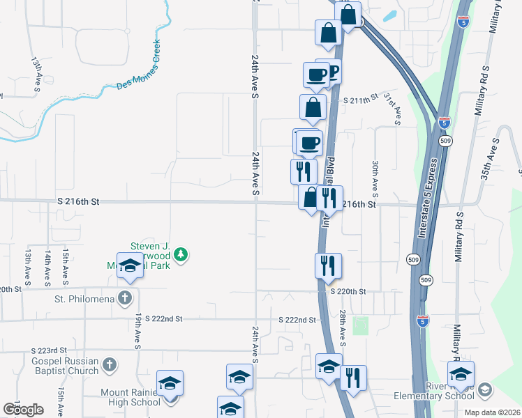 map of restaurants, bars, coffee shops, grocery stores, and more near 21600 24th Avenue South in Des Moines