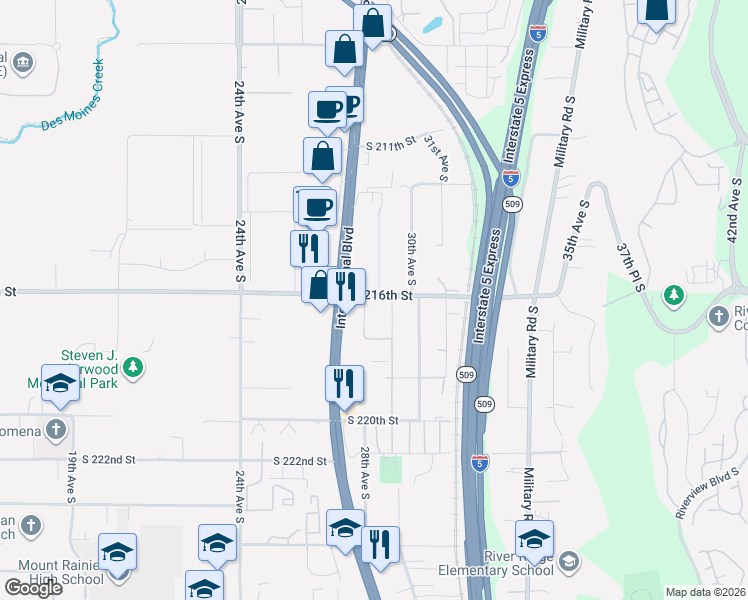 map of restaurants, bars, coffee shops, grocery stores, and more near 21625 29th Avenue South in Des Moines