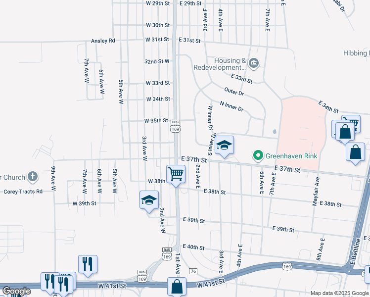 map of restaurants, bars, coffee shops, grocery stores, and more near 3701 1st Avenue in Hibbing