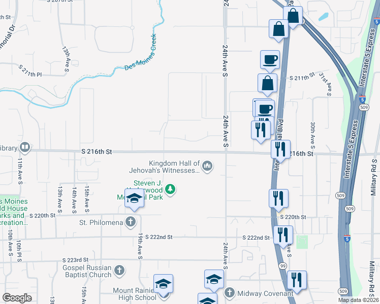 map of restaurants, bars, coffee shops, grocery stores, and more near 2200 South 216th Street in Des Moines