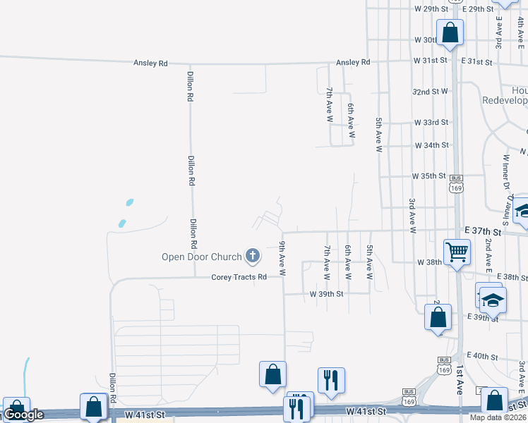 map of restaurants, bars, coffee shops, grocery stores, and more near 3505 9th Avenue West in Hibbing