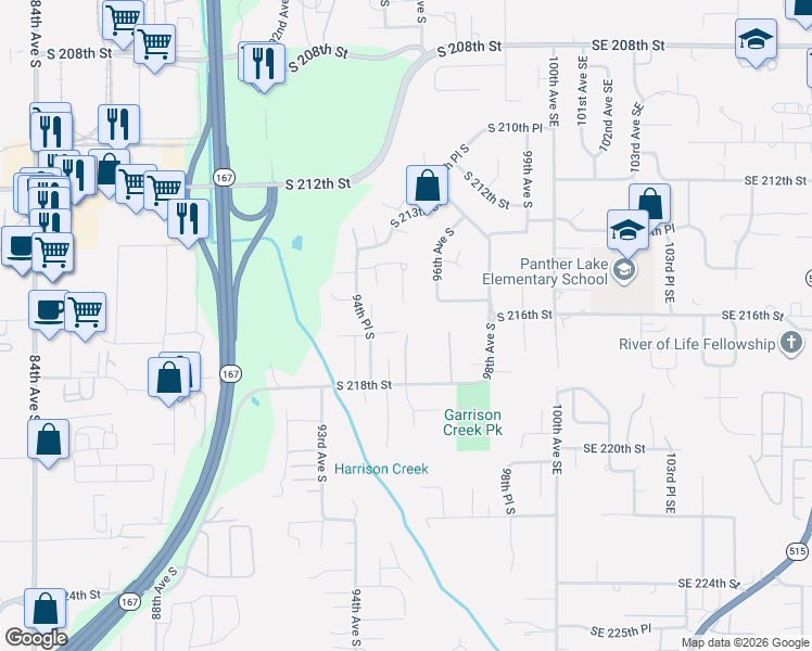 map of restaurants, bars, coffee shops, grocery stores, and more near 21509 95th Place South in Kent