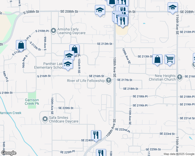 map of restaurants, bars, coffee shops, grocery stores, and more near 10502 Southeast 216th Street in Kent