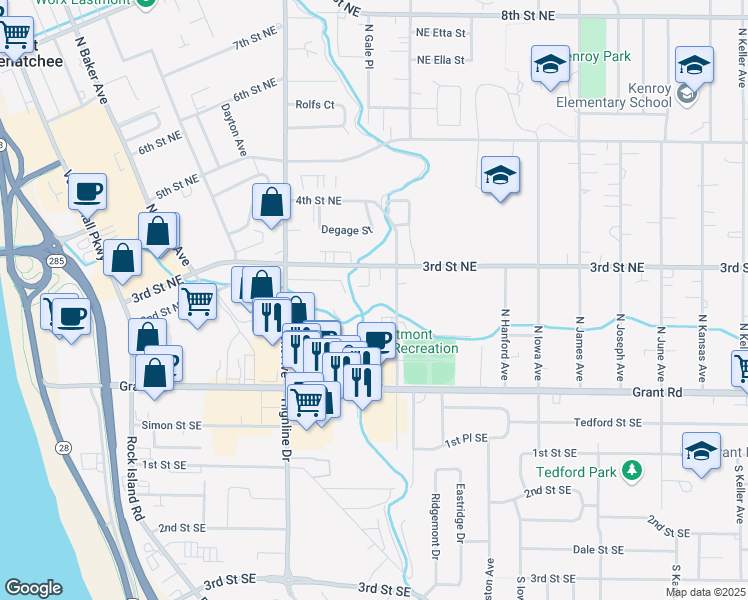 map of restaurants, bars, coffee shops, grocery stores, and more near 260 North Georgia Avenue in East Wenatchee