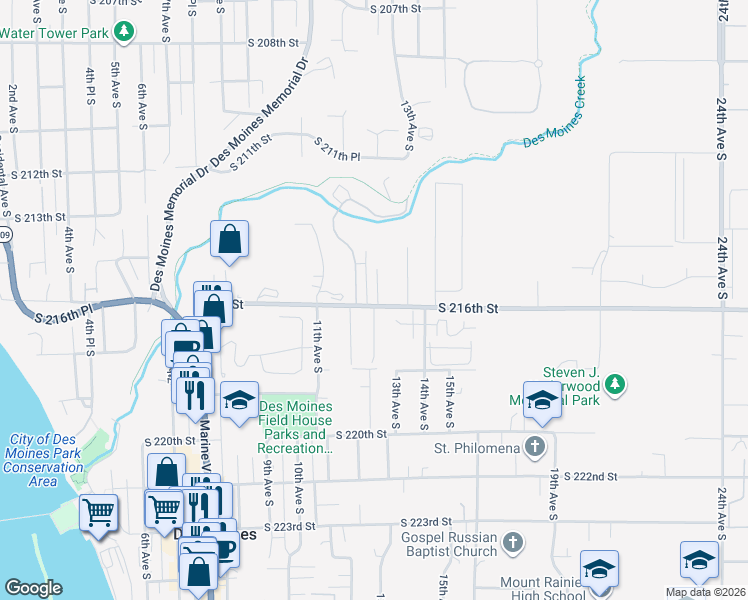 map of restaurants, bars, coffee shops, grocery stores, and more near 21419 12th Avenue South in Des Moines