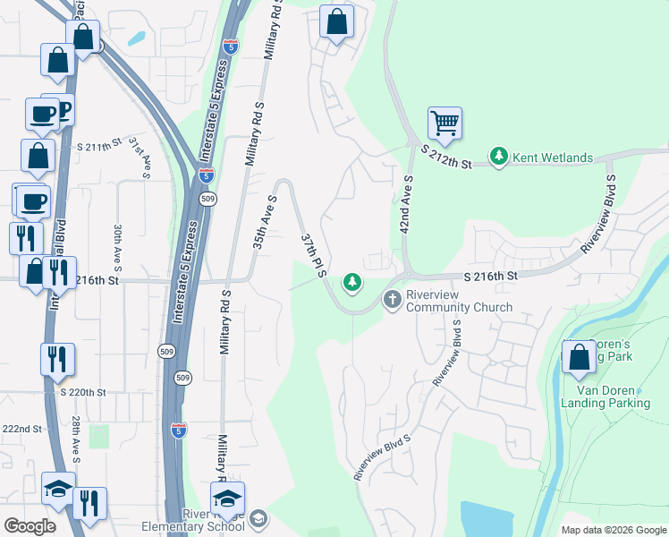 map of restaurants, bars, coffee shops, grocery stores, and more near 21430 40th Place South in SeaTac