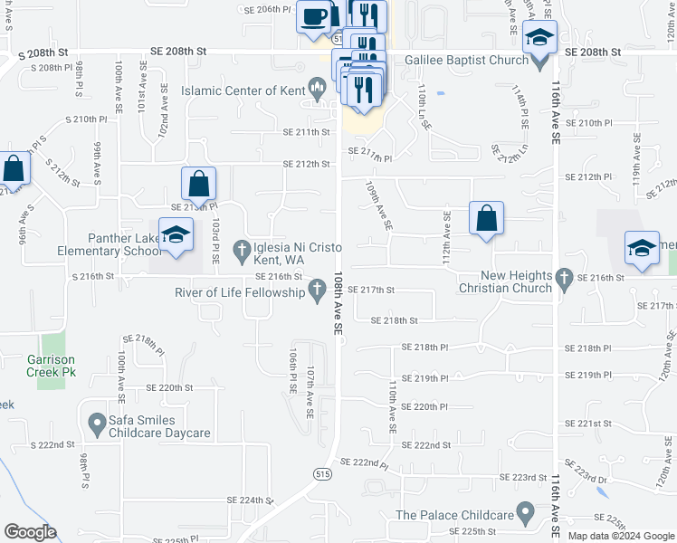 map of restaurants, bars, coffee shops, grocery stores, and more near 108th Avenue Southeast in Kent