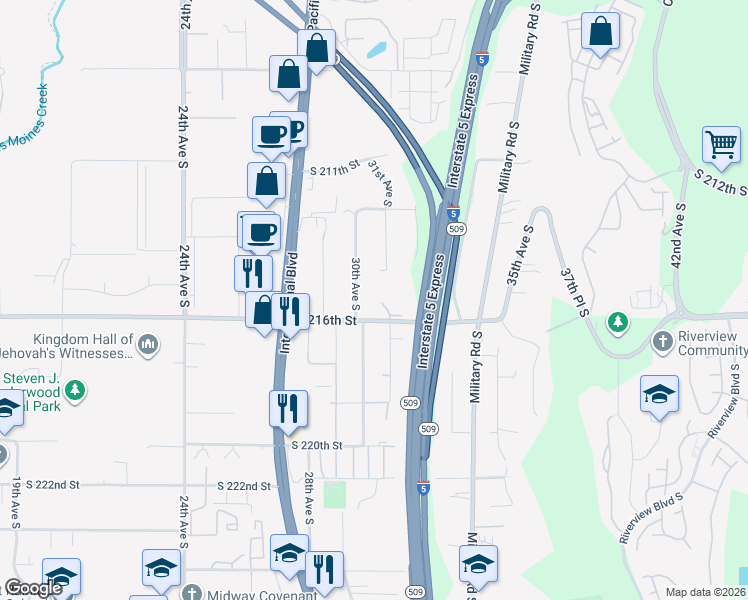 map of restaurants, bars, coffee shops, grocery stores, and more near 21436 30th Avenue South in SeaTac