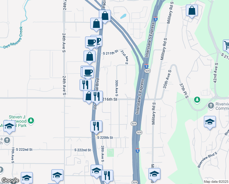map of restaurants, bars, coffee shops, grocery stores, and more near 21436 30th Avenue South in SeaTac
