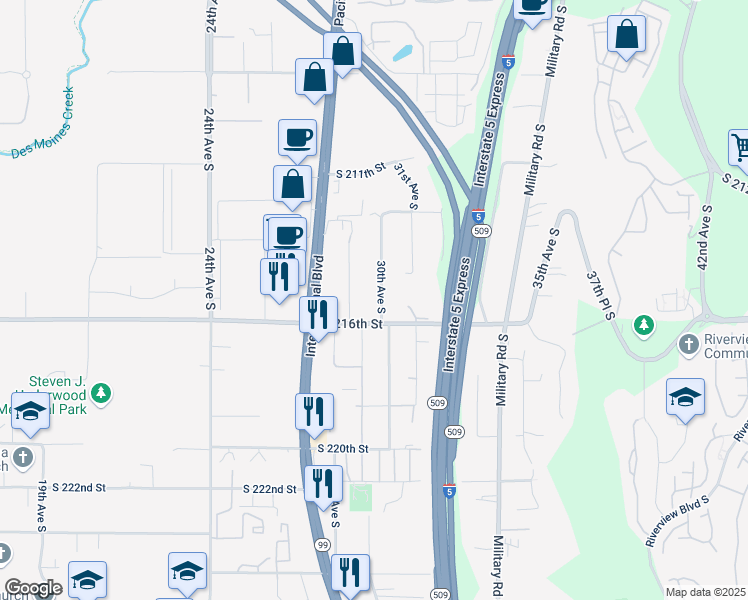 map of restaurants, bars, coffee shops, grocery stores, and more near 21436 30th Avenue South in SeaTac