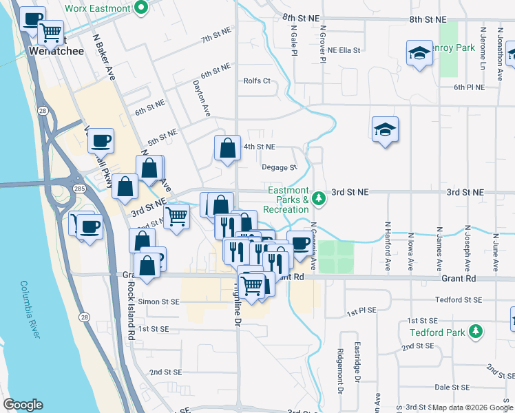 map of restaurants, bars, coffee shops, grocery stores, and more near 548 2nd Street Northeast in East Wenatchee