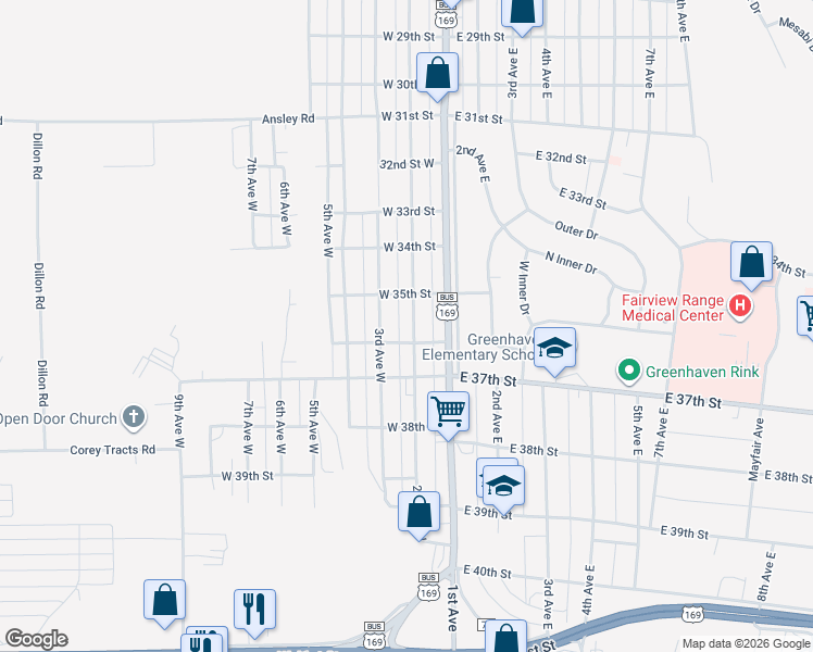map of restaurants, bars, coffee shops, grocery stores, and more near 3521 2nd Avenue East in Hibbing