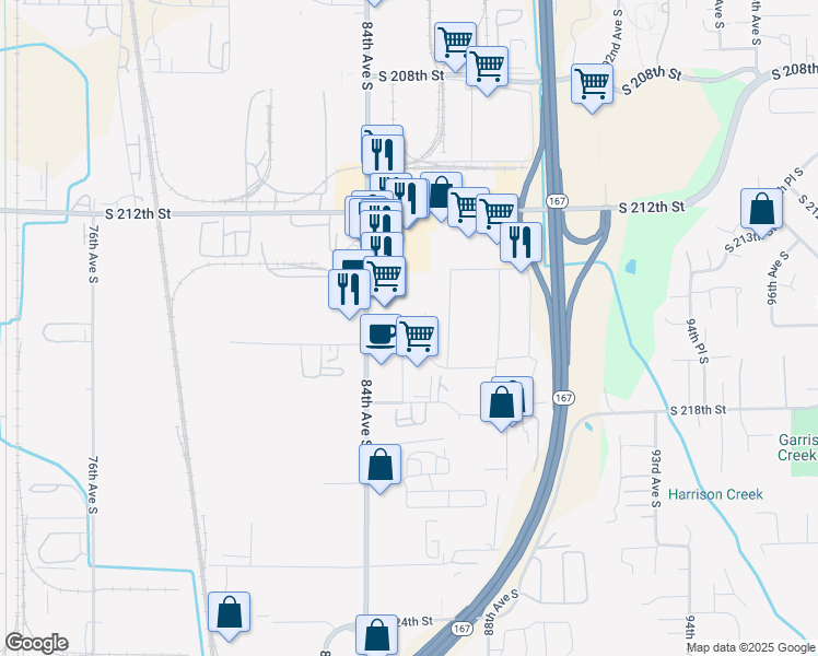 map of restaurants, bars, coffee shops, grocery stores, and more near 21506 84th Place South in Kent