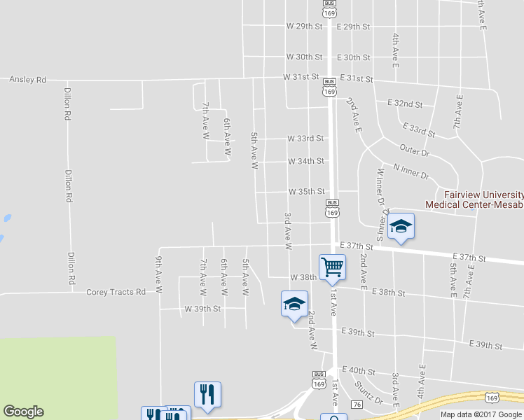 map of restaurants, bars, coffee shops, grocery stores, and more near 3517 4th Avenue West in Hibbing