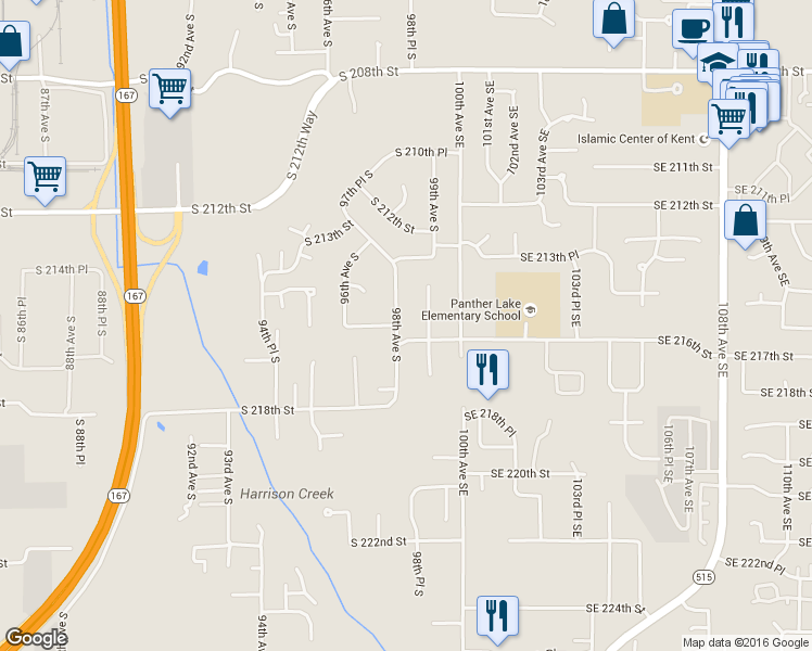 map of restaurants, bars, coffee shops, grocery stores, and more near 21434 98th Avenue South in Kent