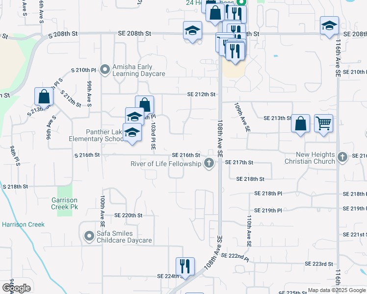 map of restaurants, bars, coffee shops, grocery stores, and more near 10502 Southeast 216th Street in Kent