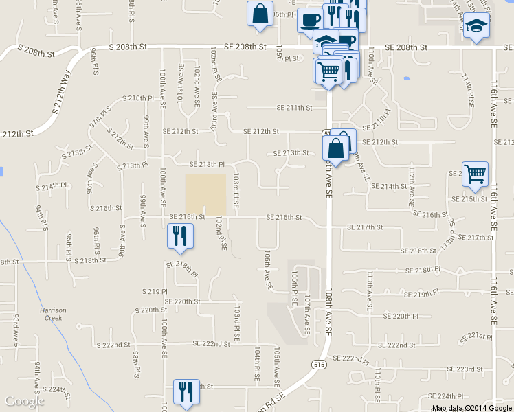 map of restaurants, bars, coffee shops, grocery stores, and more near 10410 Southeast 216th Street in Kent