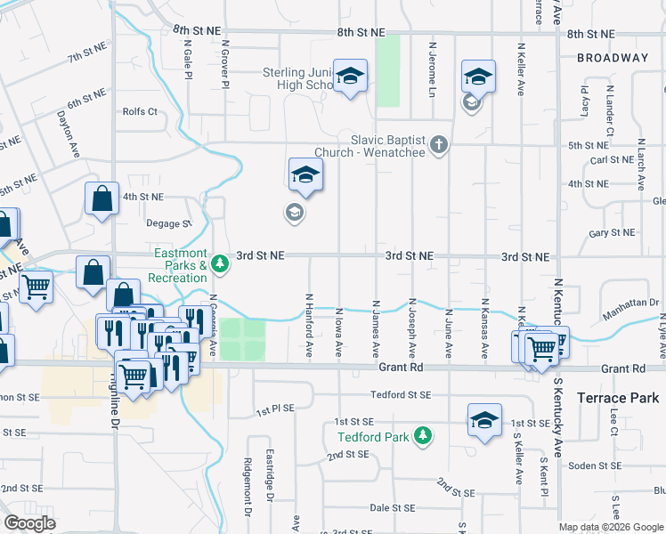 map of restaurants, bars, coffee shops, grocery stores, and more near 276 North Iowa Avenue in East Wenatchee