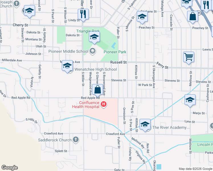 map of restaurants, bars, coffee shops, grocery stores, and more near 1115 Rosewood Avenue in Wenatchee