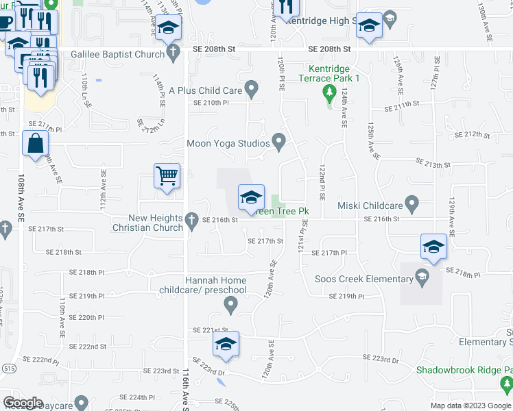 map of restaurants, bars, coffee shops, grocery stores, and more near 11800 Southeast 216th Street in Kent