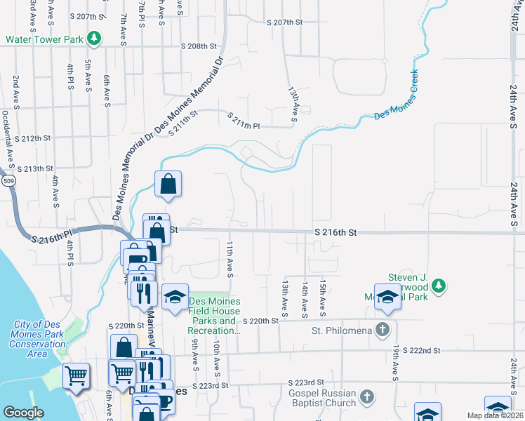 map of restaurants, bars, coffee shops, grocery stores, and more near 1208 South 216th Street in Des Moines