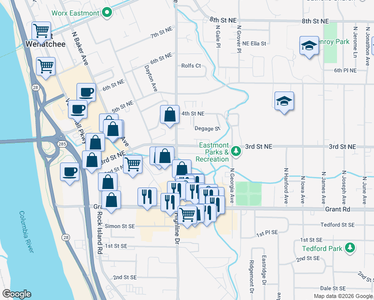 map of restaurants, bars, coffee shops, grocery stores, and more near 548 2nd Street Northeast in East Wenatchee