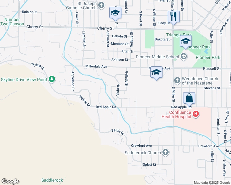 map of restaurants, bars, coffee shops, grocery stores, and more near 1100 Vista Place in Wenatchee