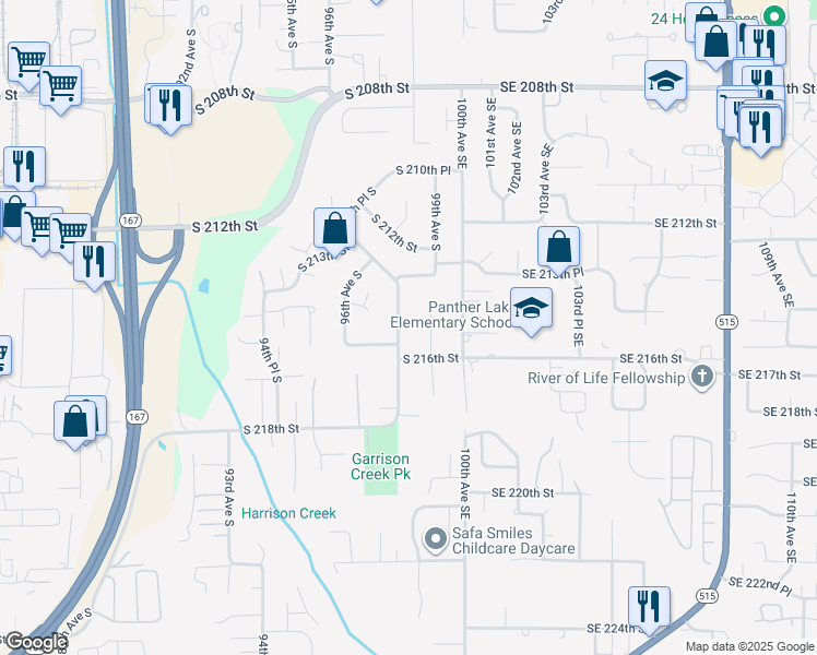 map of restaurants, bars, coffee shops, grocery stores, and more near 21434 98th Avenue South in Kent