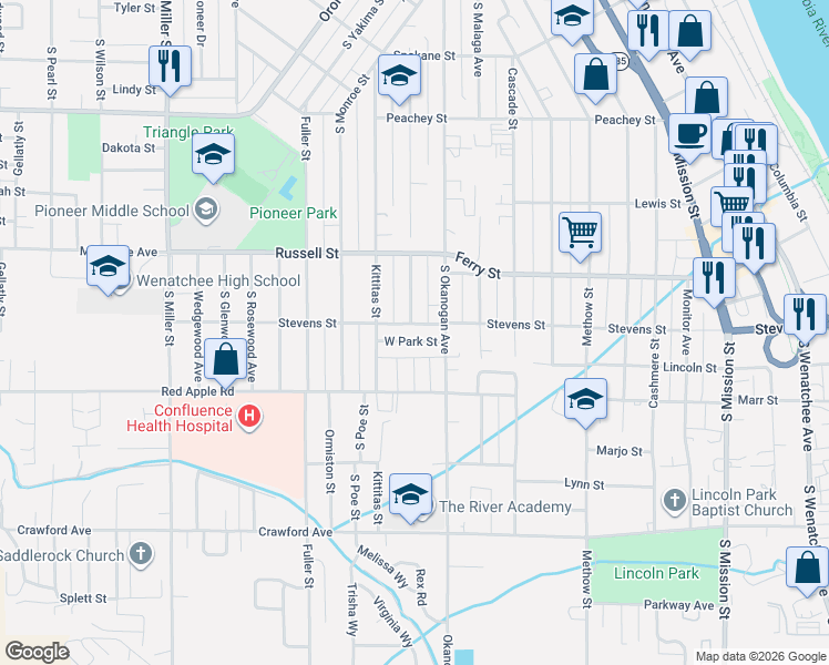 map of restaurants, bars, coffee shops, grocery stores, and more near 1007 West Park Street in Wenatchee