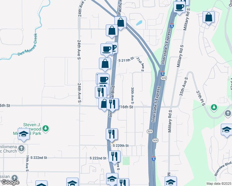 map of restaurants, bars, coffee shops, grocery stores, and more near 21428 Pacific Highway South in SeaTac