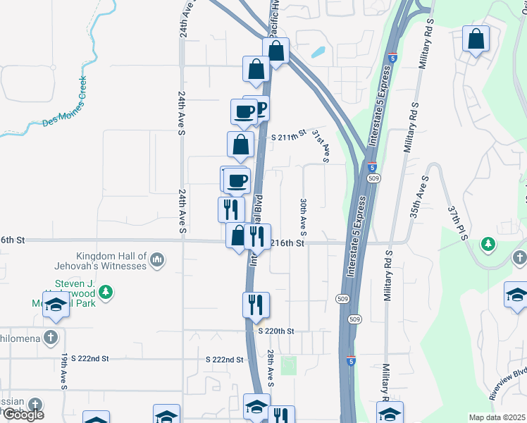 map of restaurants, bars, coffee shops, grocery stores, and more near 21428 Pacific Highway South in SeaTac
