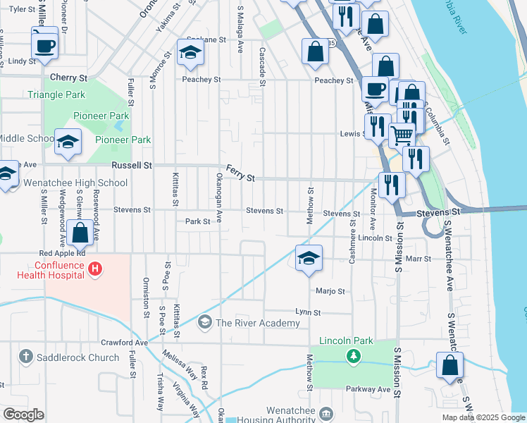 map of restaurants, bars, coffee shops, grocery stores, and more near 801 Stevens Street in Wenatchee
