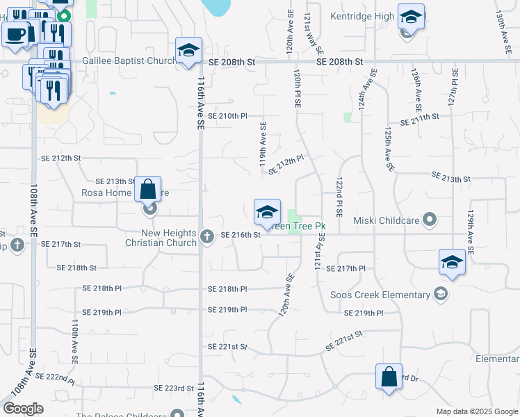 map of restaurants, bars, coffee shops, grocery stores, and more near 11800 Southeast 216th Street in Kent