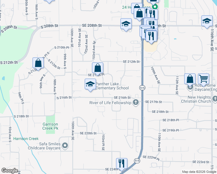 map of restaurants, bars, coffee shops, grocery stores, and more near 10410 Southeast 216th Street in Kent