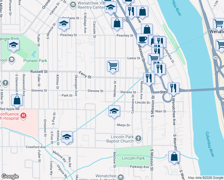 map of restaurants, bars, coffee shops, grocery stores, and more near 906 Methow Street in Wenatchee