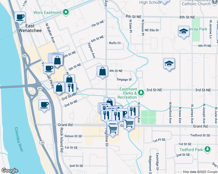 map of restaurants, bars, coffee shops, grocery stores, and more near 363 Eastmont Avenue in East Wenatchee