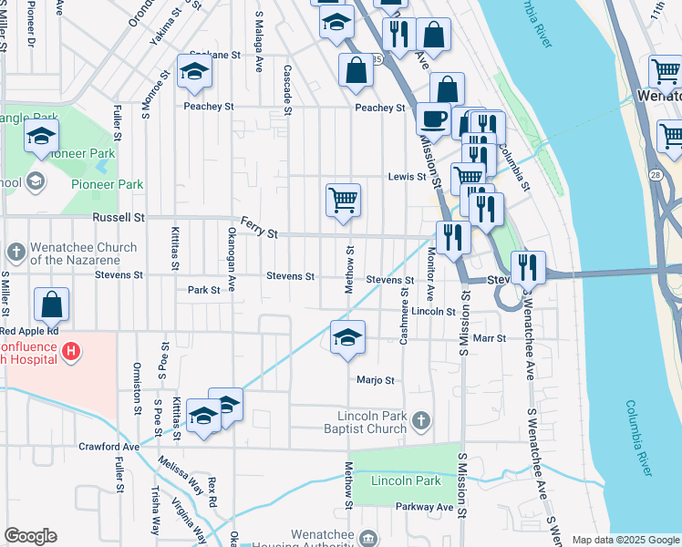 map of restaurants, bars, coffee shops, grocery stores, and more near 906 Methow Street in Wenatchee