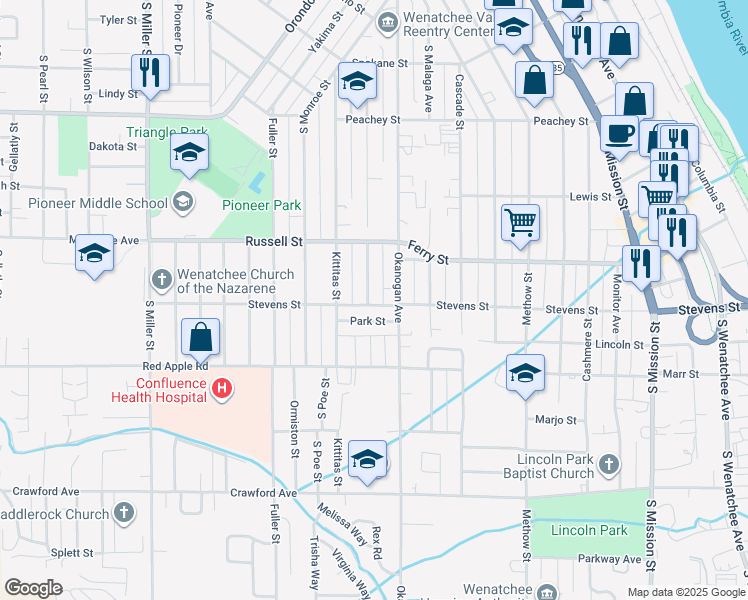 map of restaurants, bars, coffee shops, grocery stores, and more near 923 Highland Drive in Wenatchee