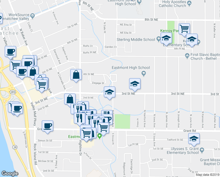 map of restaurants, bars, coffee shops, grocery stores, and more near 310 North Georgia Avenue in East Wenatchee