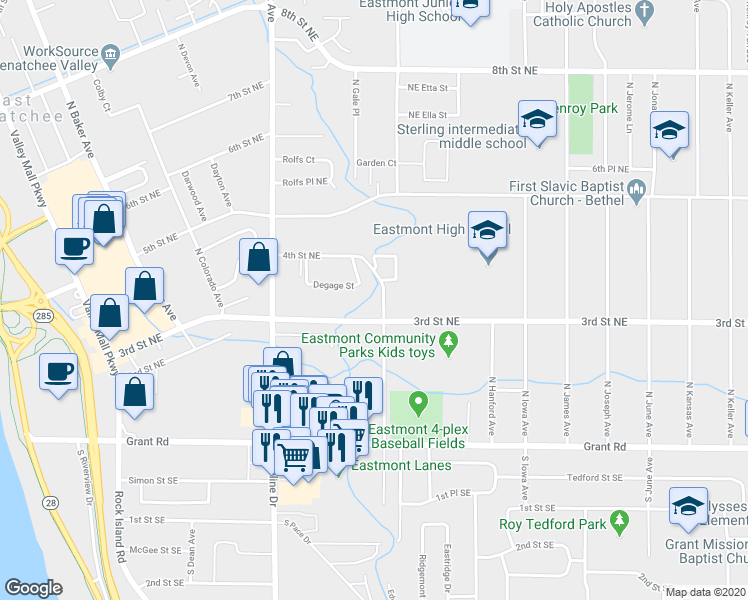 map of restaurants, bars, coffee shops, grocery stores, and more near 310 North Georgia Avenue in East Wenatchee
