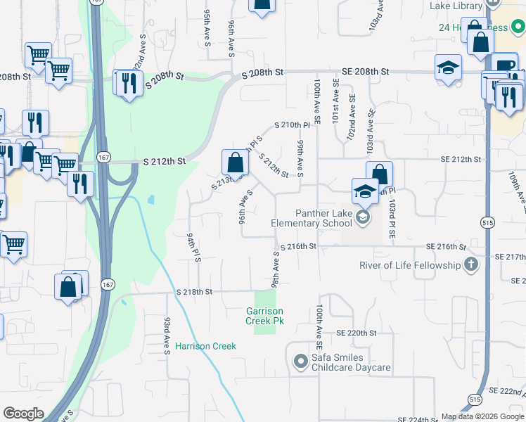 map of restaurants, bars, coffee shops, grocery stores, and more near 9618 South 214th Street in Kent