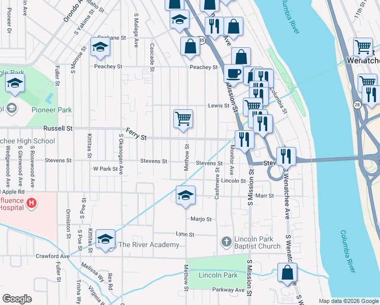 map of restaurants, bars, coffee shops, grocery stores, and more near 914 South Chelan Avenue in Wenatchee