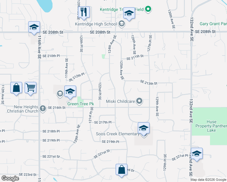 map of restaurants, bars, coffee shops, grocery stores, and more near 21323 124th Avenue Southeast in Kent