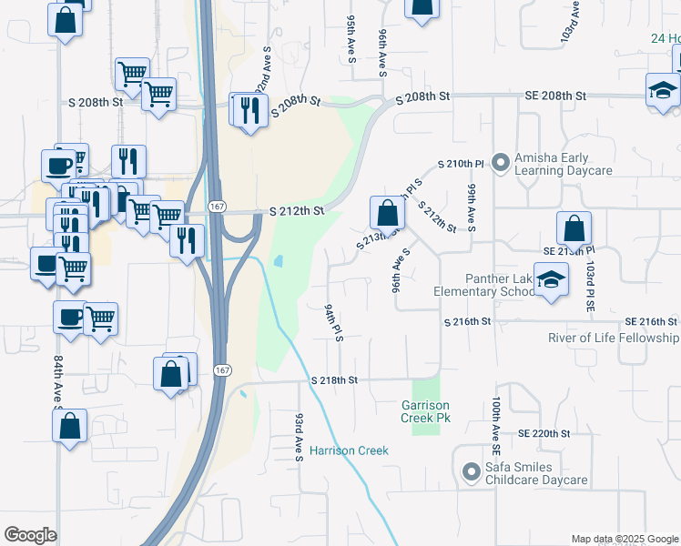 map of restaurants, bars, coffee shops, grocery stores, and more near 9409 South 213th Place in Kent