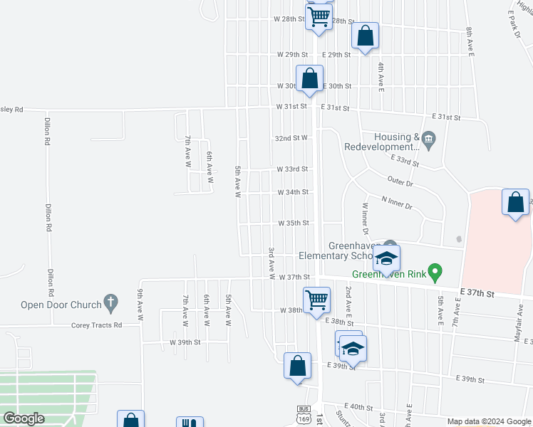 map of restaurants, bars, coffee shops, grocery stores, and more near 3413 3rd Avenue West in Hibbing