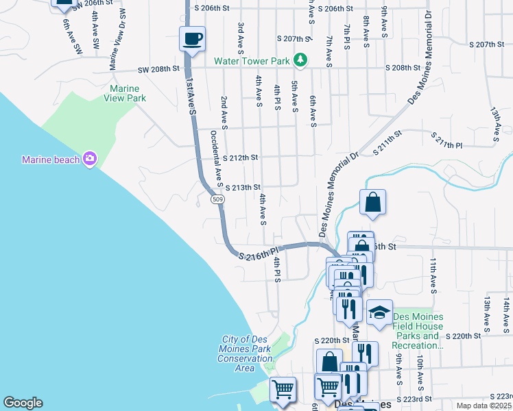 map of restaurants, bars, coffee shops, grocery stores, and more near 21315 4th Avenue South in Des Moines