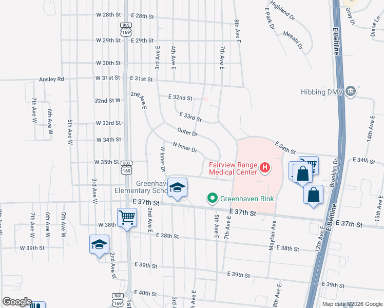 map of restaurants, bars, coffee shops, grocery stores, and more near 509 North Inner Drive in Hibbing
