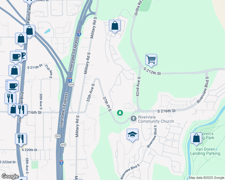 map of restaurants, bars, coffee shops, grocery stores, and more near 4030 South 213th Court in SeaTac
