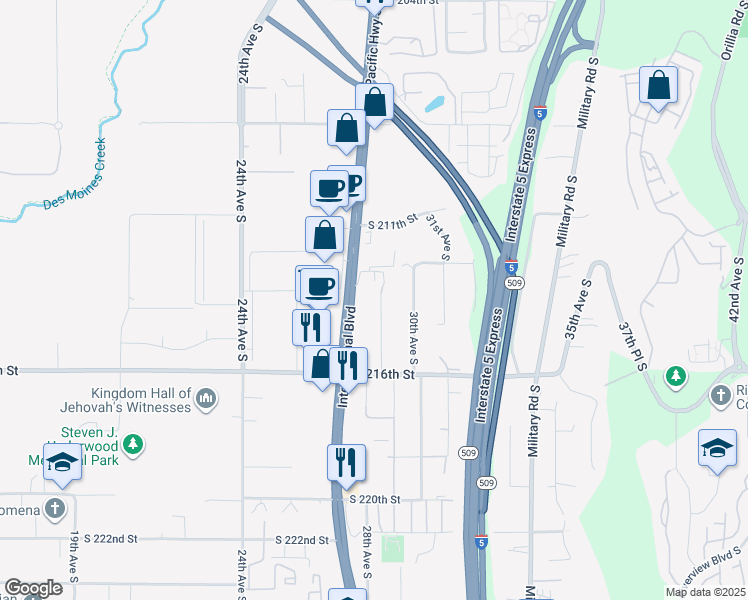 map of restaurants, bars, coffee shops, grocery stores, and more near 21241 29th Avenue South in SeaTac
